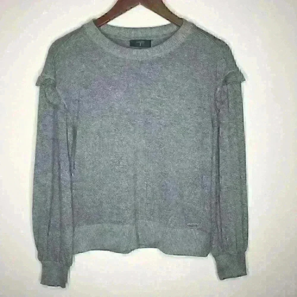 Tahari Gray Heather Ruffle Sleeve‎ light weight sweater Sz S